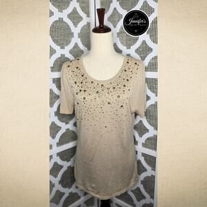 Adrienne Vittadini Tan Silk Blend Gold Studded Short Sleeve Sweater Size L